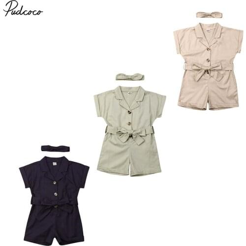 2019 Brand Kids Baby Girls Clothes Bow-tie Waist Romper Headband Solid Short Sleeve With Belt Jumpsuit New Fashion Summer Outfit