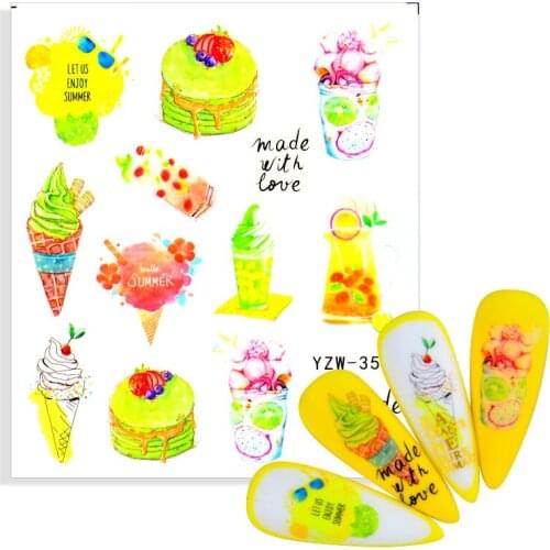 Strawberry Ice Cream Fruit Nail Sticker Sweet Cake Drinking Butterfly Flower Water Decal Summer Vacation Decor Watermark Tattoo