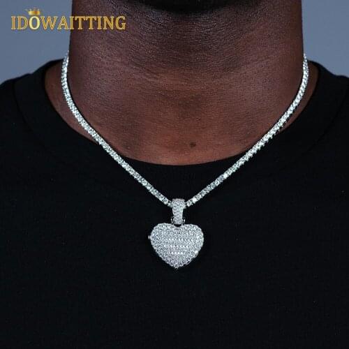 Iced Out Locket Love Heart Shaped Photo Pendant Necklace Can Be Opened Bing 5MM Tennis Chain Cubic Zirconia Hiphop Mens Jewelry