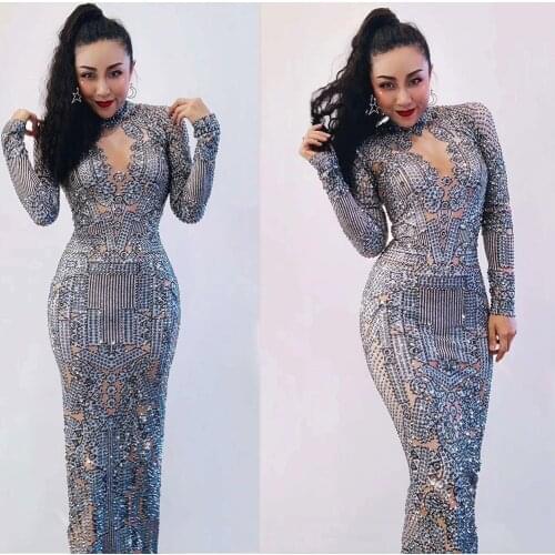 Fashion Sparkly Rhinestones Black Bodycon Women Dress Birthday Evening Prom Party Outfit Nightclub Stage Performance Costumes