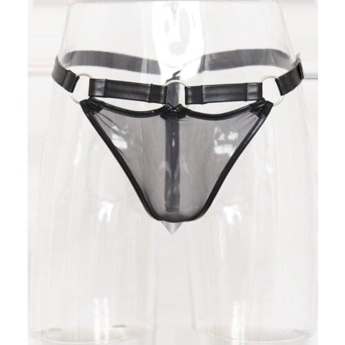 Male Sexy Leather Panties With Super Thin Silk See-Through Pouch Mens Jock Strap Thongs G-String For Adult Games Flirt Sex Toys