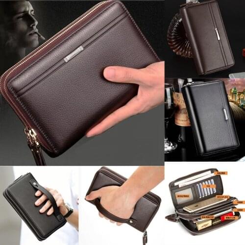 Men Business Clutch Bags PU Leather Case Cigarette Purse Clutch Handy Card Holder cash Purse Male Double Zipper Long Wallet