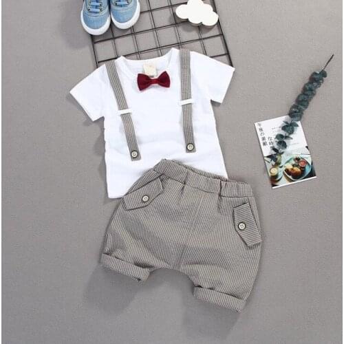 Gentleman Newborn Kids Baby Boys Tracksuits 2pcs Fake Bib T Shirts With Tie + Stripe Short Pants Kids Outfit Boy Costume Suit
