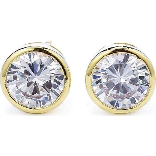 Wholesale Jewelry -- 14 k Light Gold Color Bezel Setting CZ Stud Earrings 8 mm for Women AAA+ Cubic Zircon