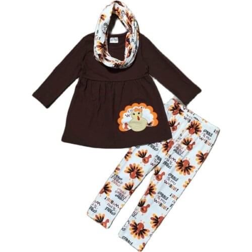Girlymax Fall/winter Thanksgiving Baby Girls 3 pieces Scarf Kids Clothing Brown Turkey Milk Silk Outfits Boutique Pants Set