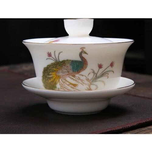 Peacock Tea Tureen Ceramic Porcelain Tea Bowl with Lid and Saucer Kit Master Cup Kung Fu Teaware Upscale Creative Cups 160ml