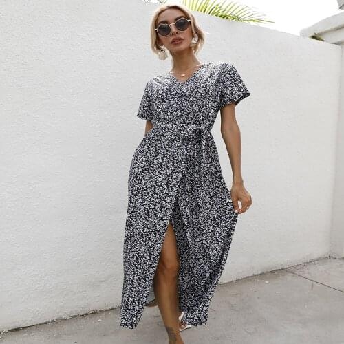 Summer Dress Women Robe Femme Print High Split A-Line Dresses Bandage V-Neck Short Sleeve Long Dress For Woman Vestido De Mujer