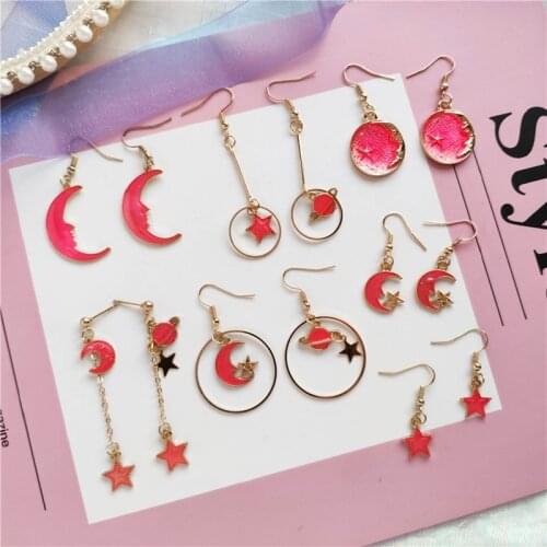 Pink Moon Stars Drop Earrings for Women Cute Fashion Planet Asymmetric Pendant Earrings Girl Gift Jewelry