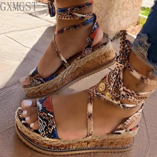 Women wedge Sandals Summer Snake shoes Ethnic Print Fashion Casual shoes Lace Up Shoes woman Beach Plus Size shoes Sandals 35-43