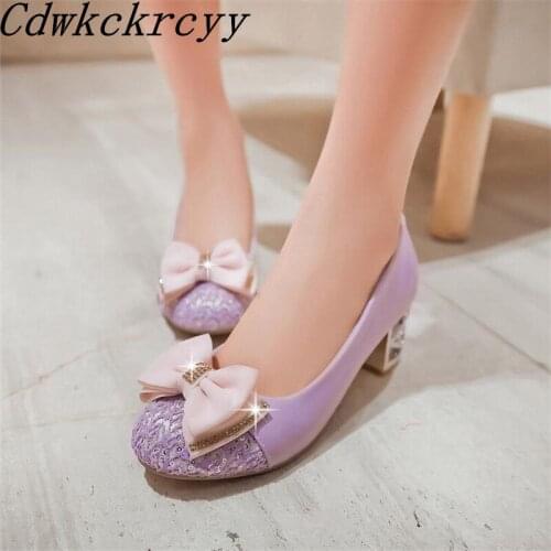 Spring and Autumn New pattern fashion Round head Rhinestone Sweet Bow Sequins Simplicity temperament High-heeled Women Shoes