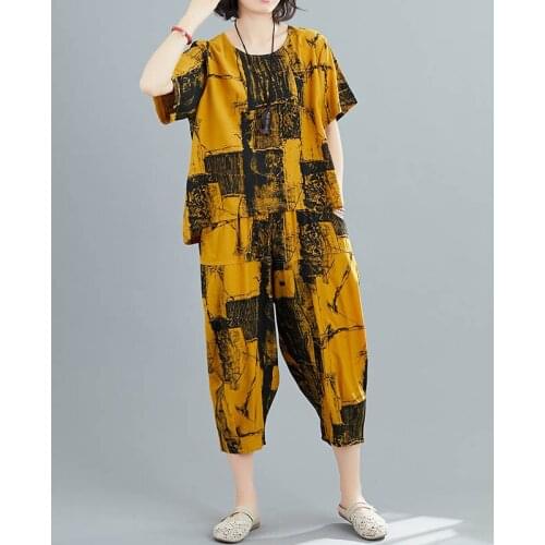 2 Piece Sets Women Plus Size 2020 Summer New Short Sleeve Cotton Linen T Shirt Female Vintage Elastic Waist Wide Leg Pants Suits