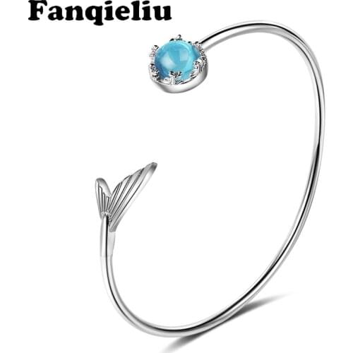 Fanqieliu Trendy Cuff Bracelet Vintage Fishtail Bangles Blue Opal Charming 925 Sterling Silver Bracelets For Women FQL20212