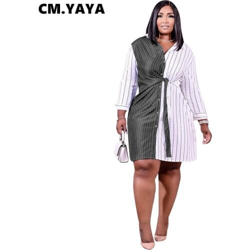 CM.YAYA Women Plus Size Dress Patchwork Full Sleeve Turn-down Collar Bandage Loose Straight Dresses Fashion Outfit Fall 2021