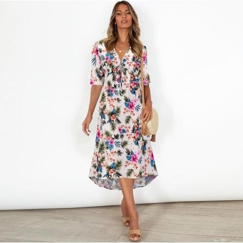 Summer New Floral Print V Neck Short Sleeve Dress Women Boho High Waist Bandage Loose Casual Streetwear Beach Party Dresses