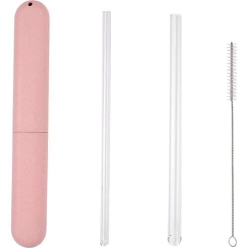 2pcs/set Special Fine Curved Glass Straight Drinking Glass Straws Reusable Eco-friendly With Cleaning Brush and Case