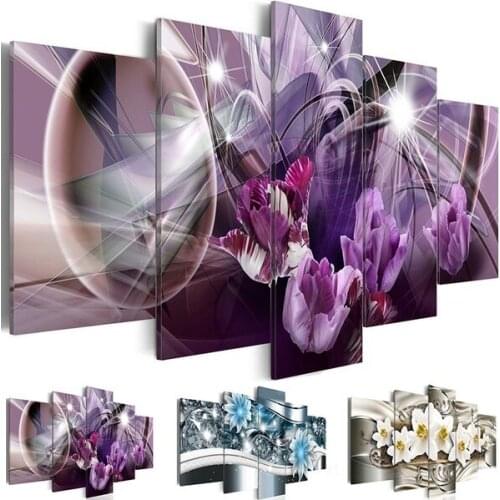 5 Panels Abstract Flowers Painting Purple Flower Oil Pictures Living Room Decoracion Paintings 5 Piece Canvas Wall Art No Frame