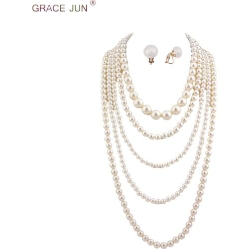 GRACE JUN Multilayer Strand Simulated Pearl Statement Necklace and Clip on Earrings Set Women Long Sweater Chain Choker Necklace
