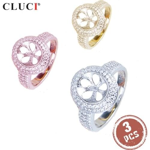 CLUCI 3pcs 925 Sterling Silver Round Rings for Women Silver 925 Adjustable Pearl Ring Mounting Zircon Ring Jewelry SR2004SB