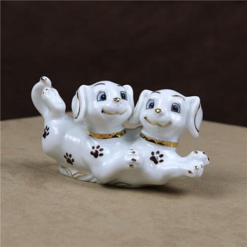 Porcelain Doggie Lovers Statue Gilt Ceramics Dog Item Figurine Puppy Decor Gift Craft Ornament for Valentines Day and Wedding