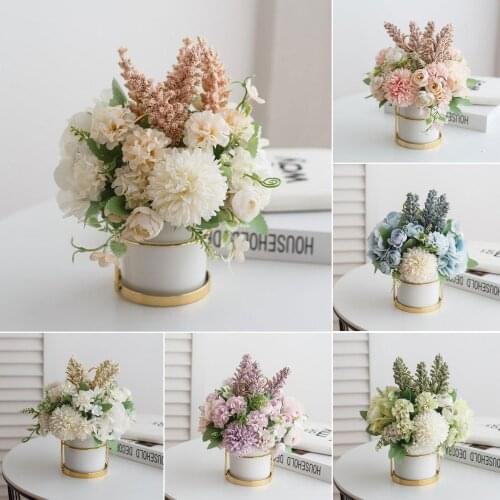 Artificial Rose Fake Flower Bonsai Potted Plant Garden Party Wedding Decoration Prop Desktop Decor With Pot