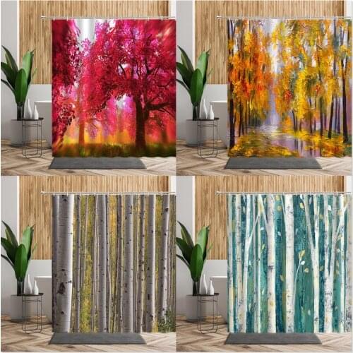 Forest Landscape Shower Curtain Tree Woods Printed Bath Curtains With Hooks 3D Natural Scenery Waterproof Fabric Bathroom Decors
