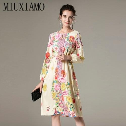 MIUXIMAO 2021 Spring Summer Newest Cute Flower Print O-Neck Elegant Slim Long Sleeve Casual Dress Women Vestidos