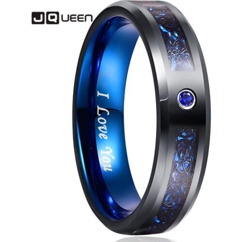 JQUEEN Mens 6mm Blue Carbon Fiber Black Tungsten Carbide Ring Comfort Fit Wedding Band Rings for Men