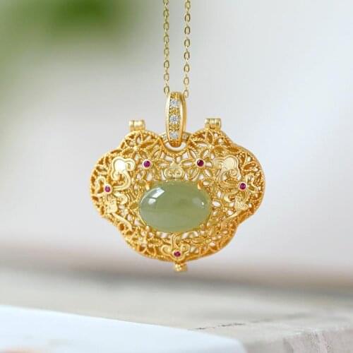 Original S925 Silver Plated Inlaid Hetian Jade Ruyi Lucky Cloud Hollow Can Be Opened Perfume Bag Niche for a Statue of the Buddh