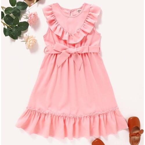 Kid Girls Sling Dress Summer Fashion Casual Pink Yellow Lace Up Button Down Dress Floral Printed 2-7Years