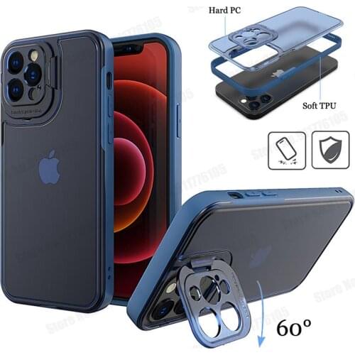 Clear Flip Camera Lens Stand Protective Case For iPhone 13 12 11 Pro Max XR X XS Max 6 7 8 Plus SE 2020 Hard PC Ultra Slim Cover