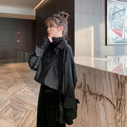 Fake Two-piece Striped Shirt Women Autumn And Winter New Style Retro Hong Kong Style Layered Wear Inner Design Long Sleeve Shirt
