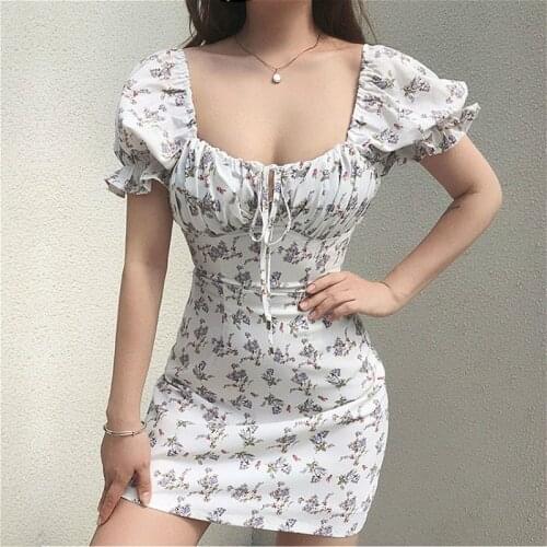 Puff Sleeve Floral Mini Dress Women 2021 Summer Short Sleeve Square Neck Corset Vintage Dress Casual Sexy Dress Female Oversize