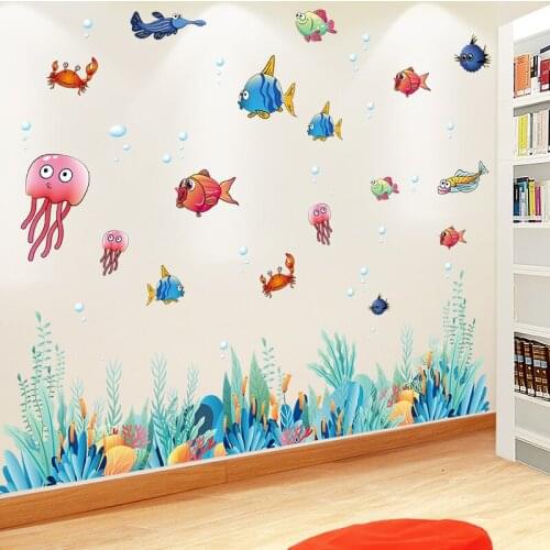 [SHIJUEHEZI] Cartoon Fish Wall Stickers DIY Seaweed Plant Mural Decals for Kids Room Baby Bedroom Bathroom Home Decoration