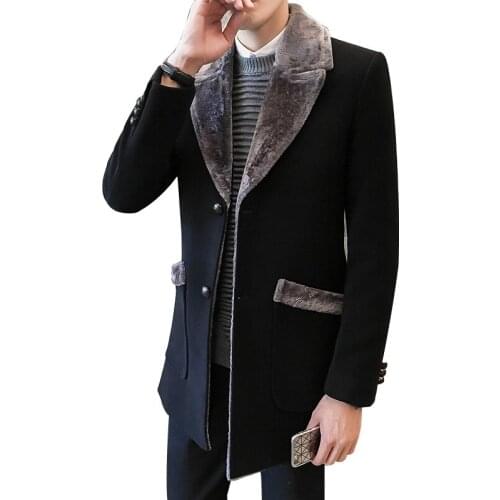 Fur Collar Trench Coat Men Wool Blend Winter Coat Slim Fit Men Manteau Homme Mid-Long Black Grey Mens Trench Coat Blue M~5XL