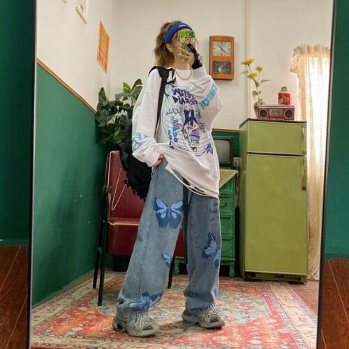 Street hip hop retro butterfly print loose oversized BF boyfriend straight casual jean for men and women jeans