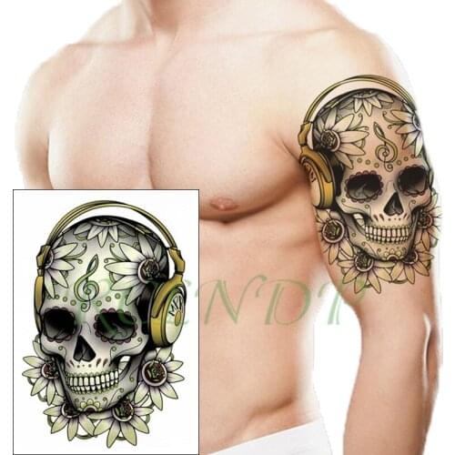 Waterproof Temporary Tattoo Sticker skull flower musical note headset Fake Tatto Flash Tatoo big size tattoos for Girl Women Men