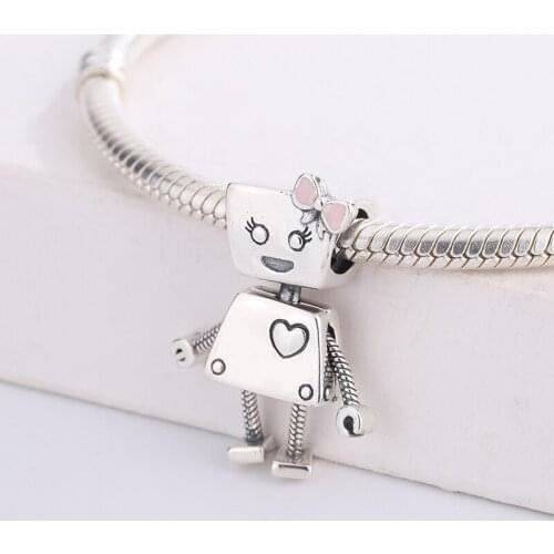 High Quality 925 Sterling Silver Love Robot Pink Bow Pendant Charm Bracelet DIY Jewelry Making For Original Pandora