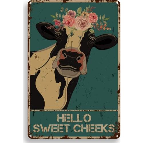 Funny Bathroom Quote Metal Tin Sign Wall Decor - Vintage Hello Sweet Cheeks Cow Tin Sign for Office/Home/Classroom Decor Gifts