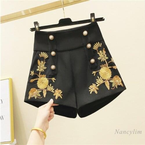 Embroidered Double-Breasted Wide-Leg Shorts Women 2021 Spring Autumn Buckle High Waist Sequined Casual All-Match Short Trousers