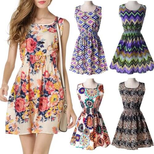 Flower Plaid Geometric Print Women Elastic Waist Summer Beach Chiffon Sundress Elegant Round Neck Sundress Vestidos