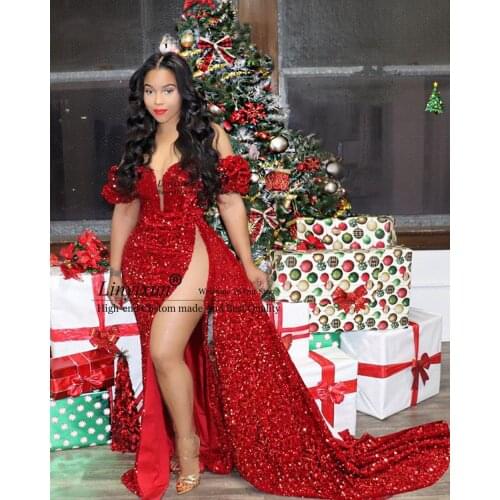 Red Mermaid Long Prom Dresses 2021 Sexy High Slit Short Sleeves Sparkly Sequin African Black Girl Evening Dress Court Train
