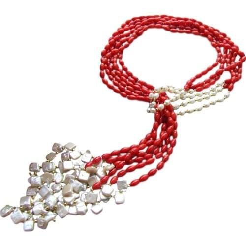 51" 3Strands cultured white Keshi Freshwater Pearl rice red Coral long loop Necklace sweater chain necklace for women