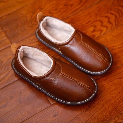 Genuiner Leather Couples Winter Home Slippers Warm Soft Anti-Skip House Casual Shoes Men and Women Indoor Slippers