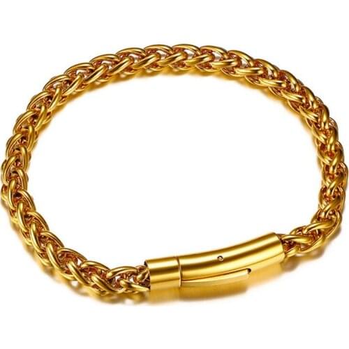 Gold Stainless Steel Braided Link Chain Bracelet for Mens Women Jewery 6mm 8.66 Inches