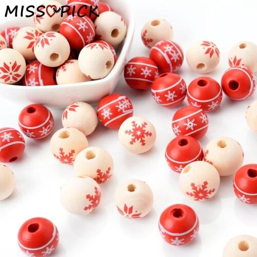 10pcs 15mm Mixed Round Shape Christmas Patterns Natural Wood Beads Loose Spacer Beads for Jewelry Making DIY Bracelet Necklace