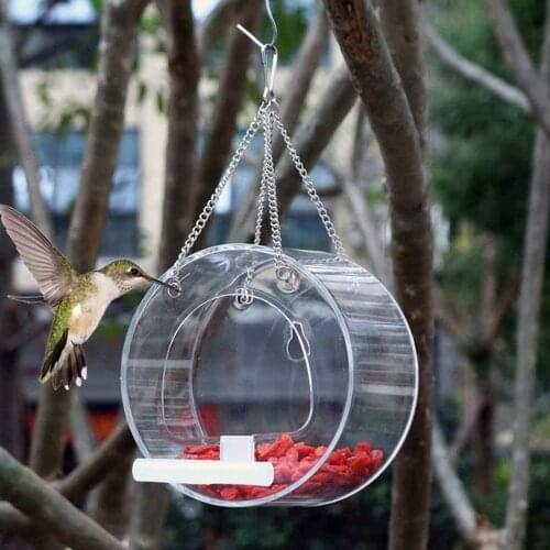 Behogar Acrylic Round Bird Feeder Feed Station Hanging Food Container for Parrots Cockatiel Birds Balcony Garden Decoration