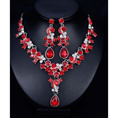 Shiny Red Crystal Rhinestone Statement Necklace Choker and Earring Set Party Prom Bride Jewelry Set Women Wedding Accessories VL