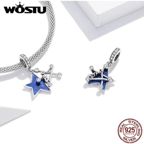WOSTU Beads 925 Sterling Silver Brilliant Blue Stars Shape Charms Pendant Fit DIY Bracelet Necklace Jewelry Accessories DXC1771