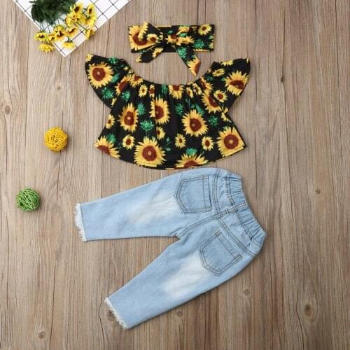 Baby Girl Clothes Girls Off Shoulder Sunflower Print Top Ripped Denim Pants Headband 3Pcs Toddler Outfits Summer Kid Clothes Set