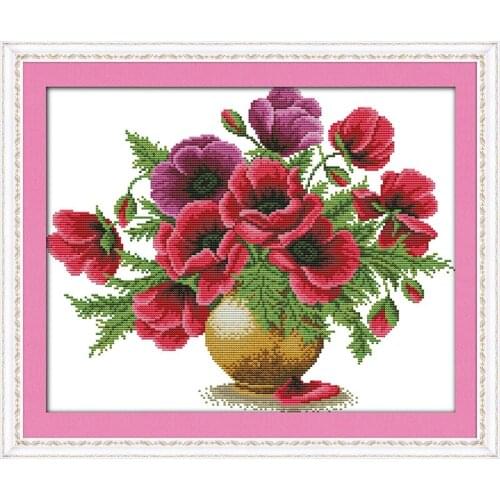 Everlasting Love Poppy Flower Vase Ecological Cotton Cross Stitch Kits 11CT 14CT Stamped Printed DIY Wedding Decoration For Home